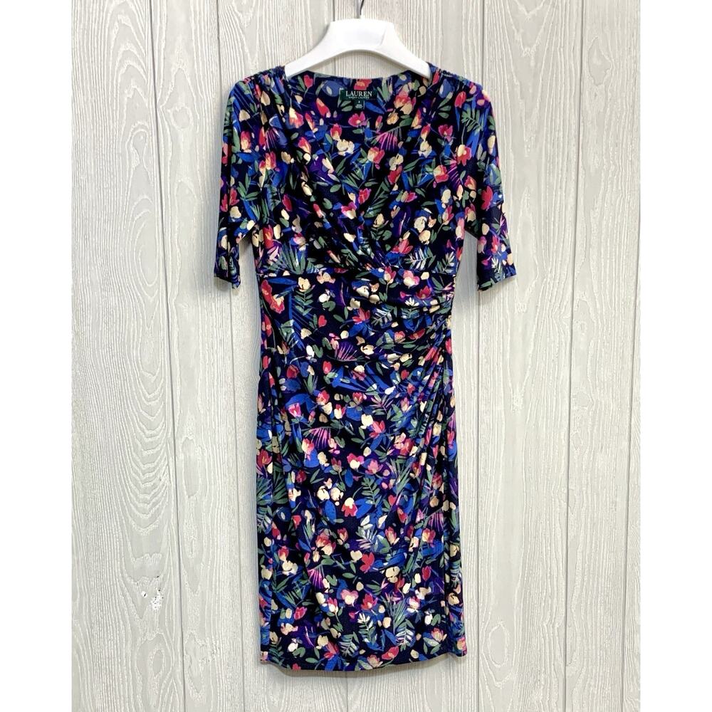 Lauren Ralph Lauren Blue Floral Faux Wrap 3/4 Sleeve Dress Size 2